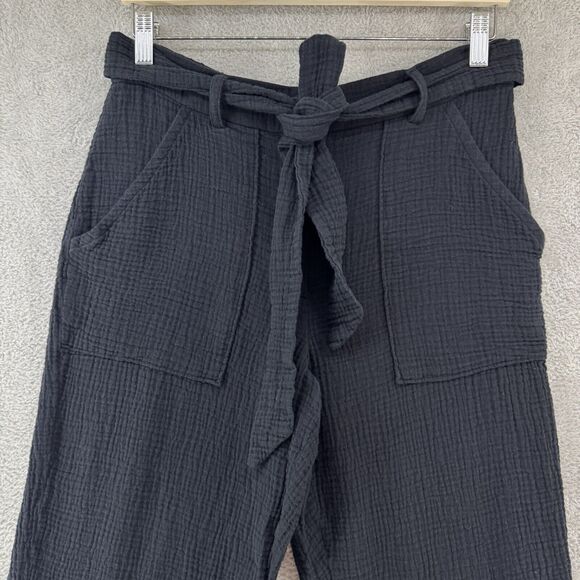 Magaschino Pants M Black Textured Organic Cotton Pockets Elastic Hem Cropped Tie - Picture 3 of 14